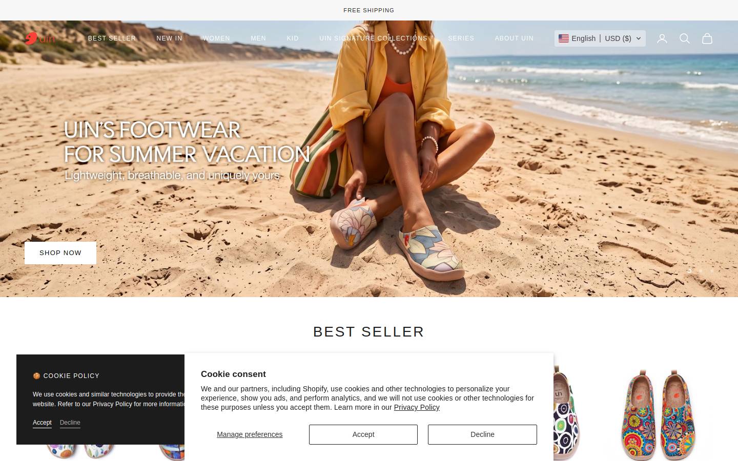 UIN Footwear homepage screenshot