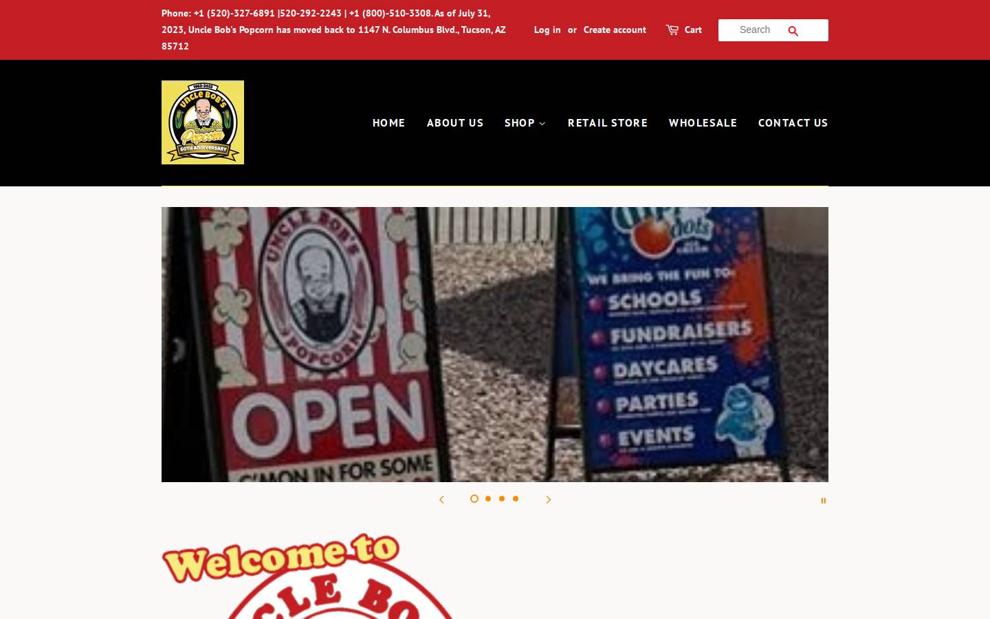unclebobspopcorn.com homepage screenshot
