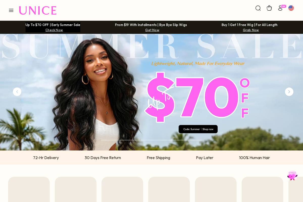 UNice Hair homepage screenshot