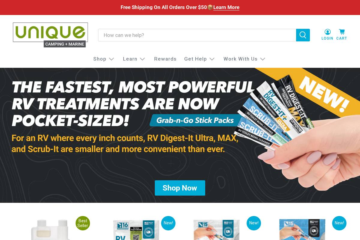 uniquecampingmarine.com homepage screenshot