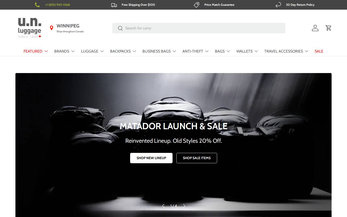 U.N. Luggage homepage screenshot