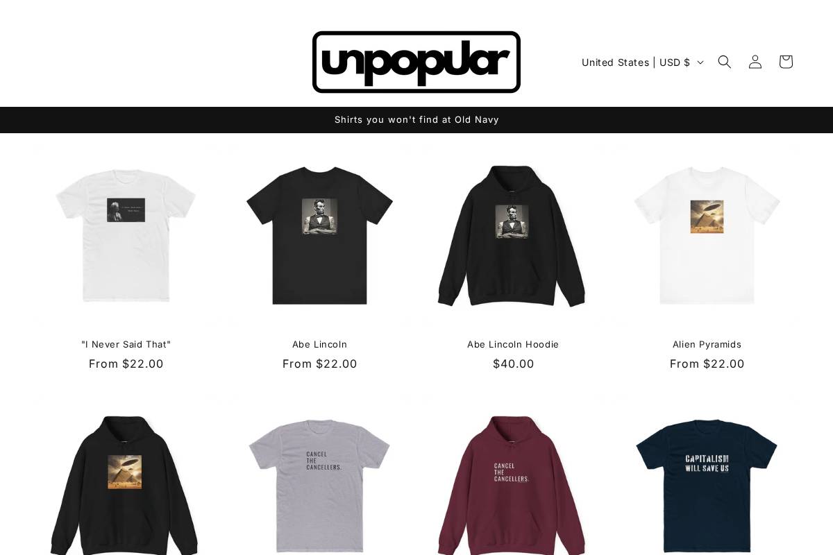 unpopulartshirts.com homepage screenshot