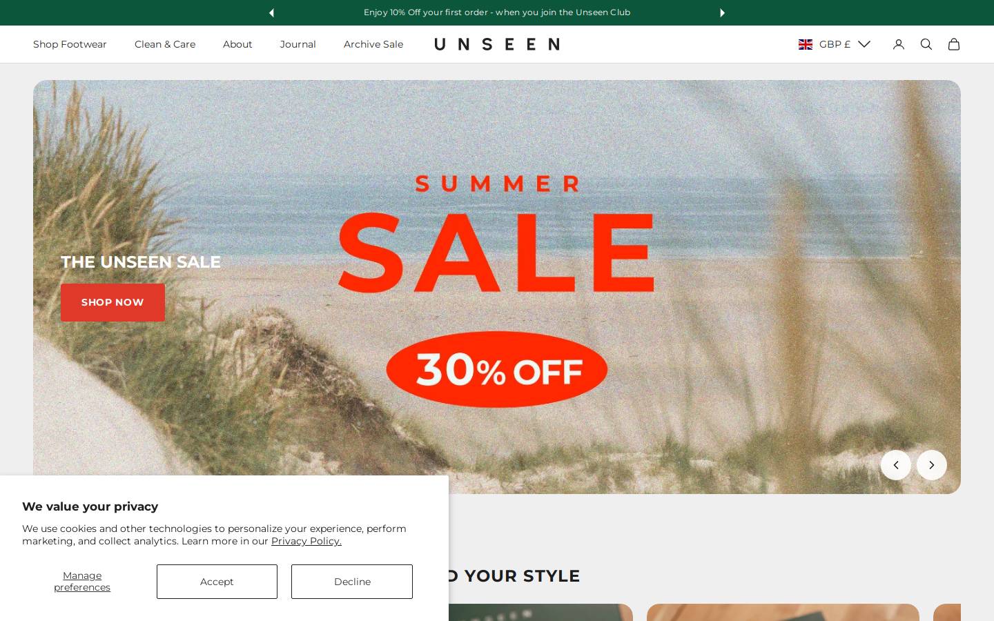 Unseenfootwear homepage screenshot