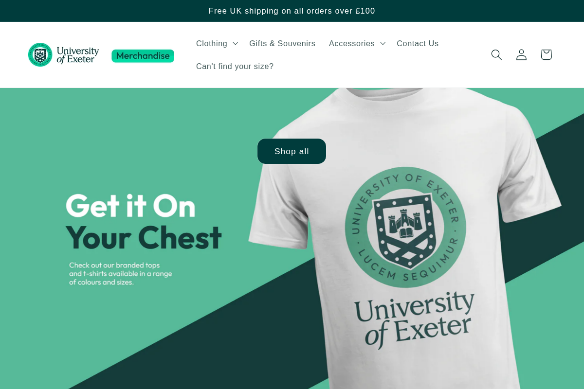 University of Exeter Merchandise homepage screenshot