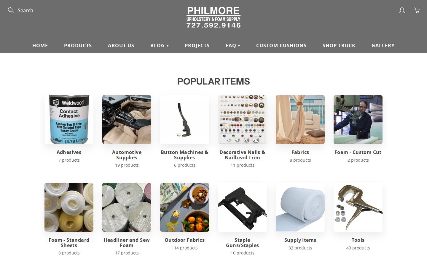 upholsterysuppliesandfoam.com homepage screenshot