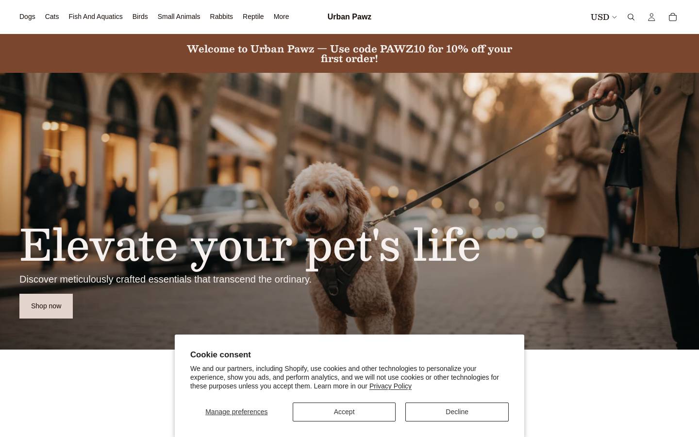 urbanpawzpetshop.com homepage screenshot