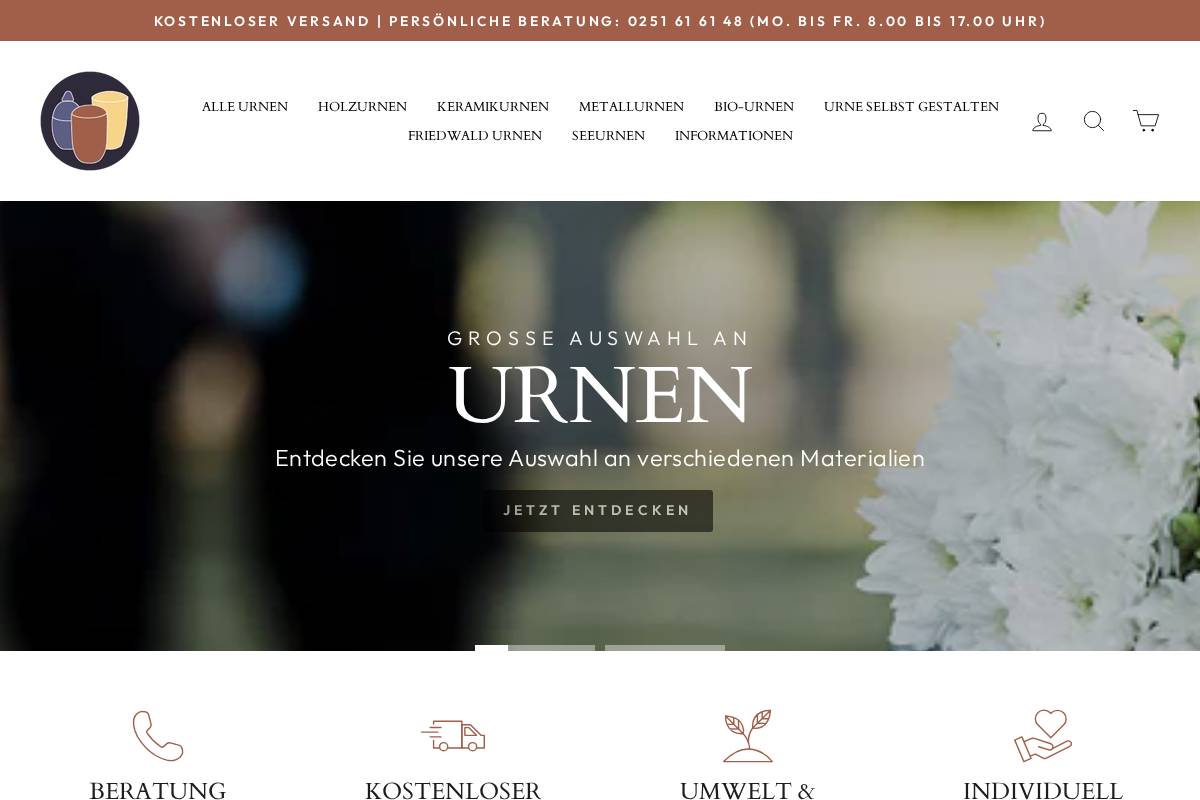 Urnen Onlineshop homepage screenshot