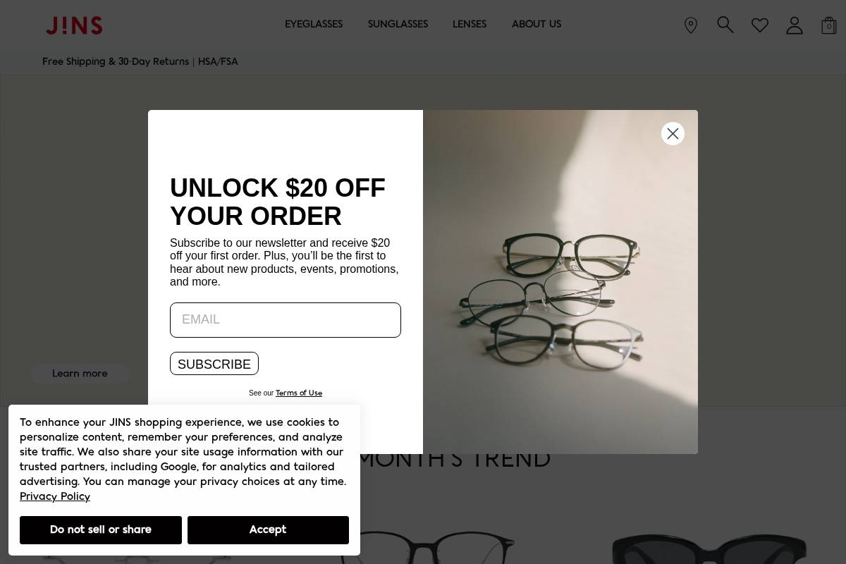 us.jins.com homepage screenshot