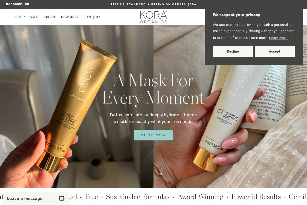 us.koraorganics.com homepage screenshot