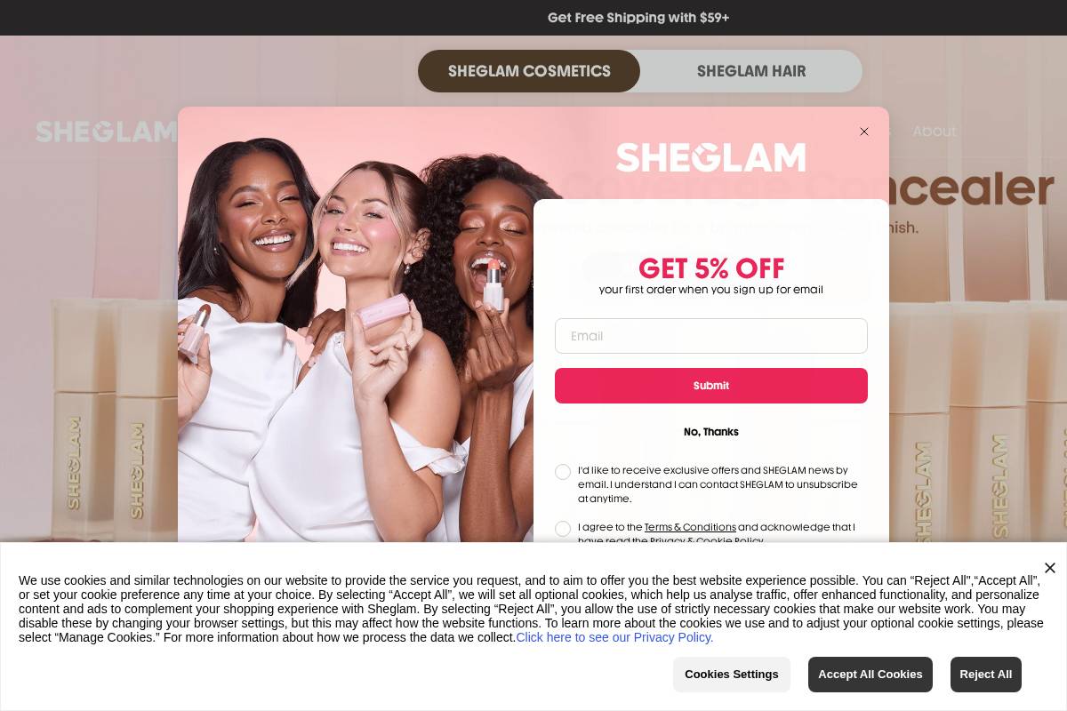 us.sheglam.com homepage screenshot