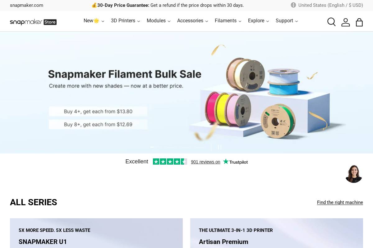 us.snapmaker.com homepage screenshot