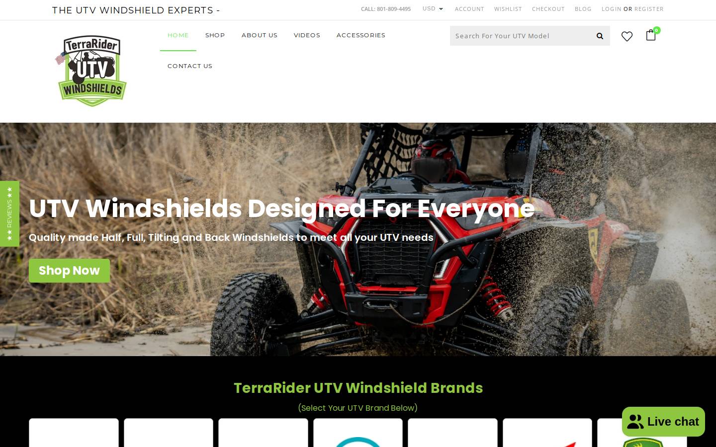 utvwindshieldsandaccessories.com homepage screenshot