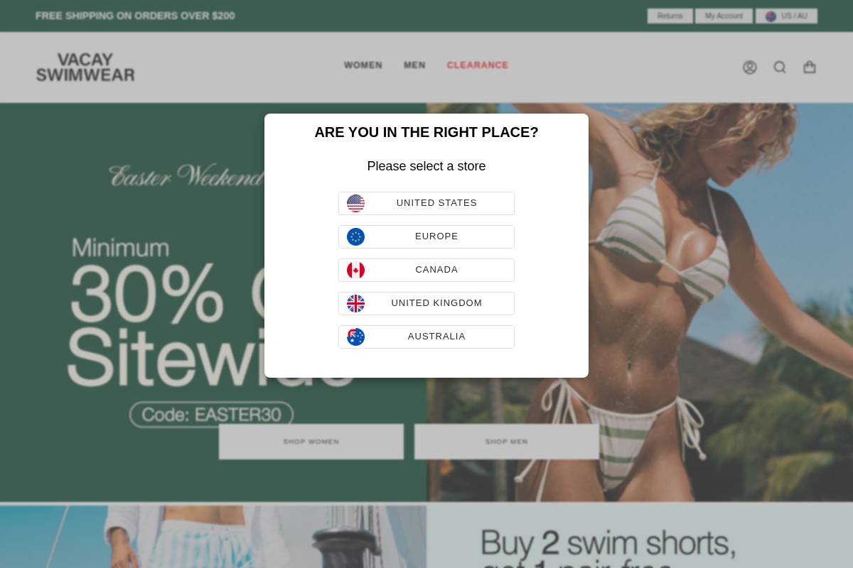 Vacay Swimwear homepage screenshot
