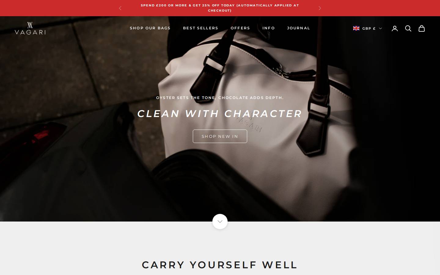 Vagari Bags homepage screenshot