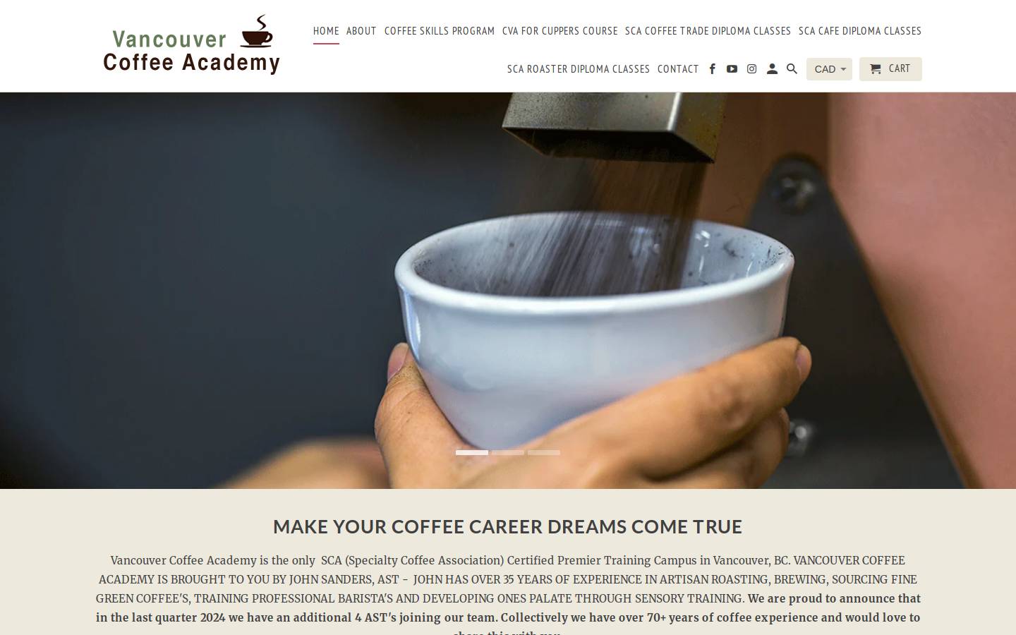 vancouvercoffeeacademy.com homepage screenshot