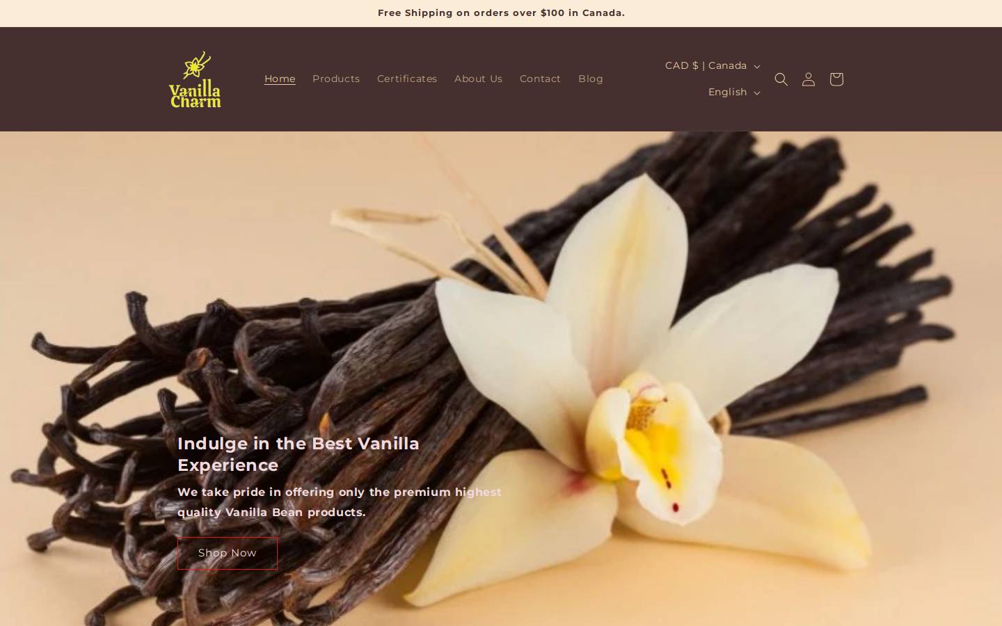 vanillacharm.com homepage screenshot