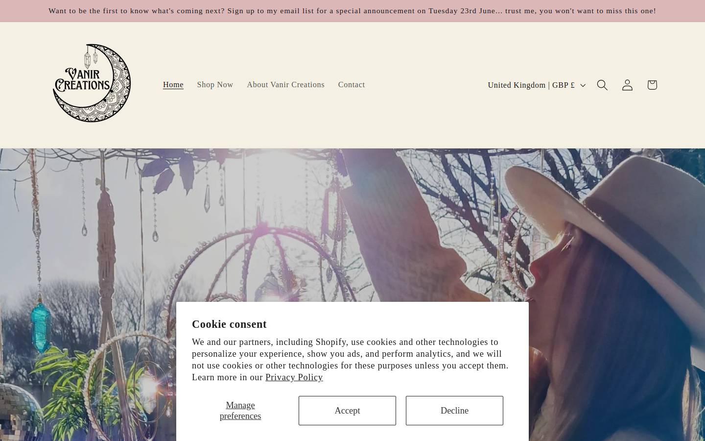 vanircreations.com homepage screenshot