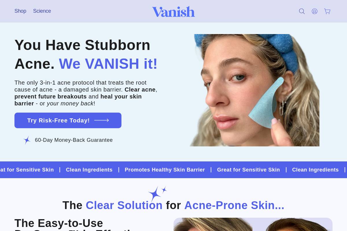 Vanish Skincare homepage screenshot