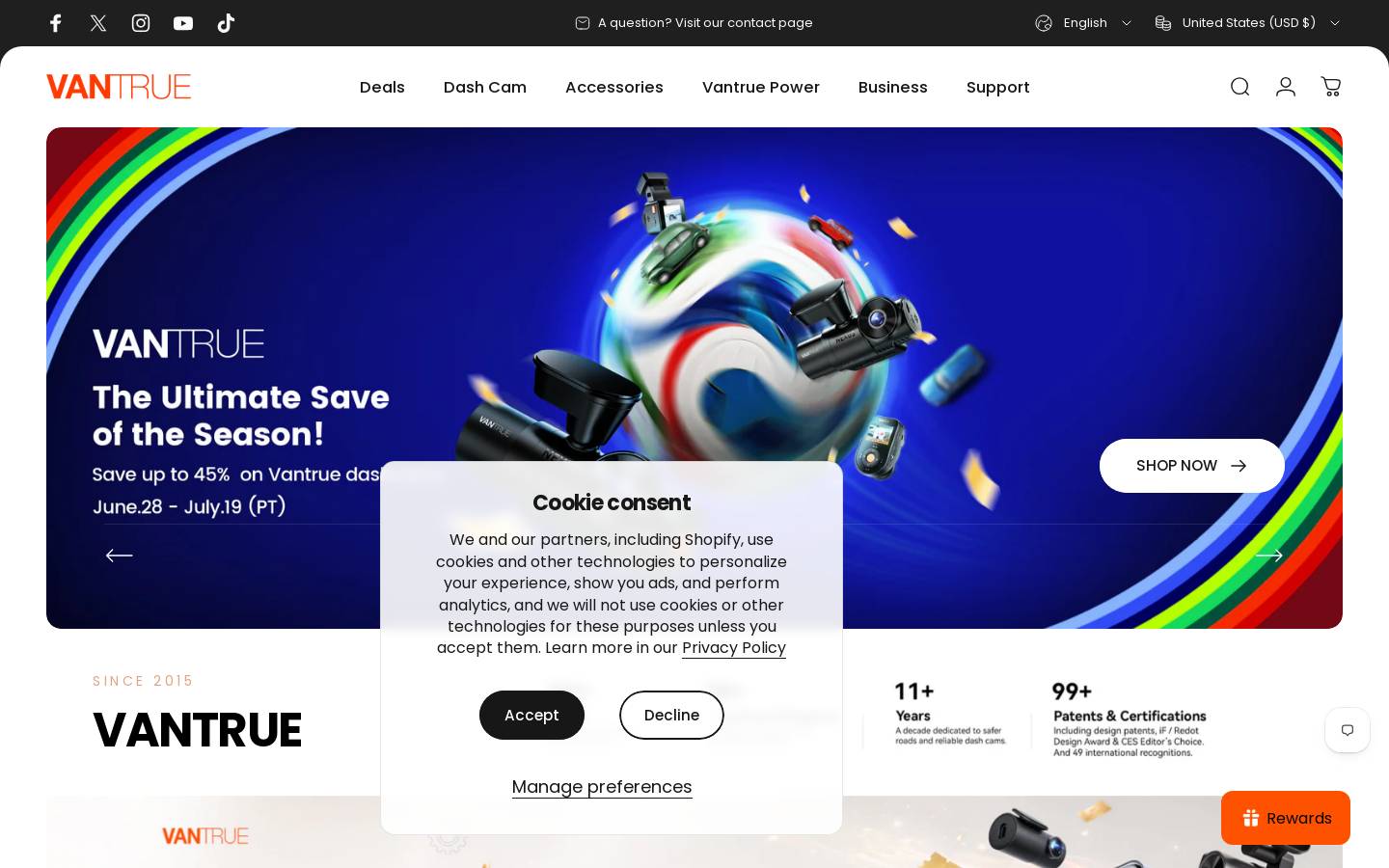 Vantrue homepage screenshot