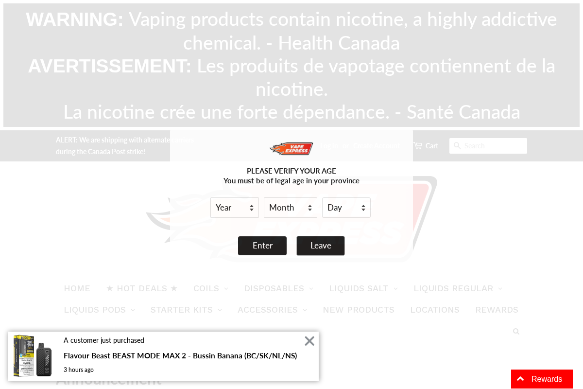 Vape Express Canada homepage screenshot