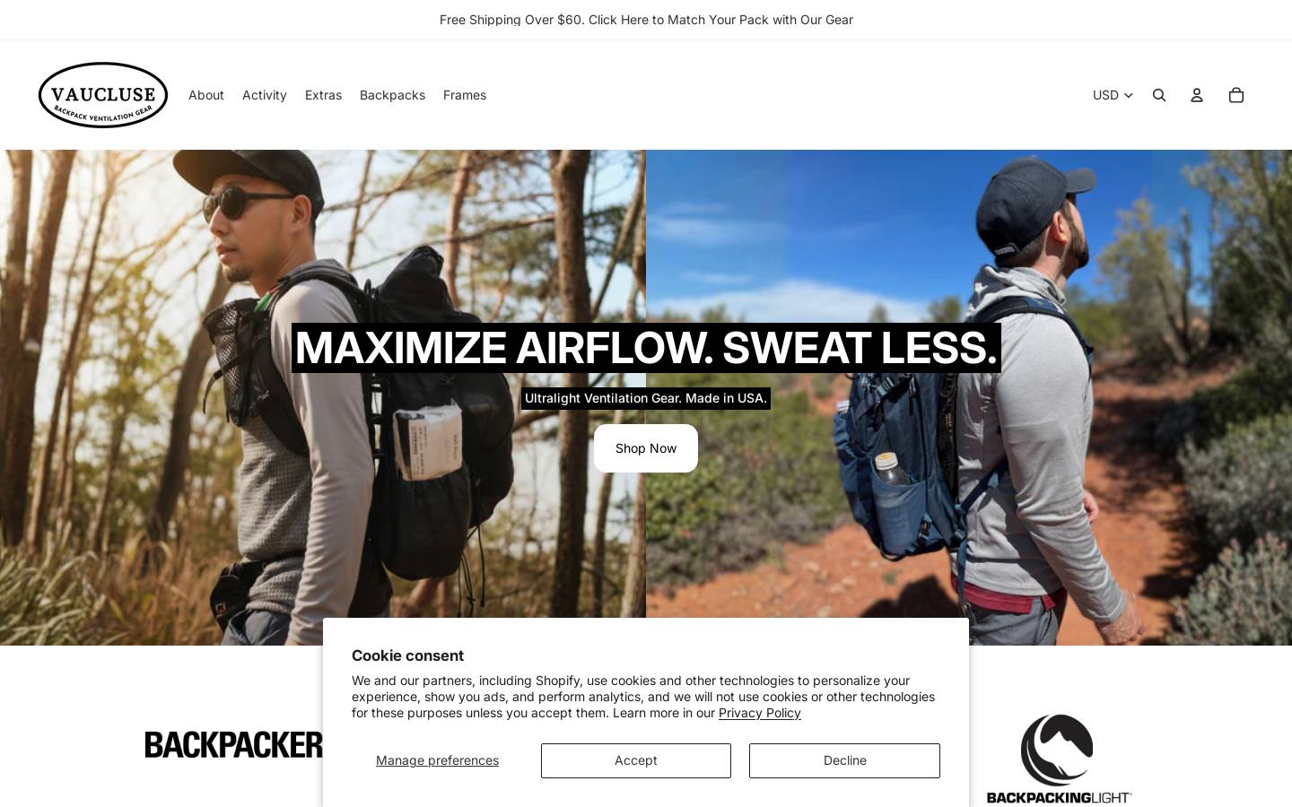 vauclusegear.com homepage screenshot