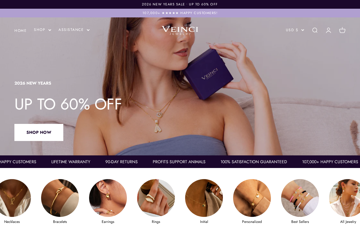 Veinci Jewelry homepage screenshot