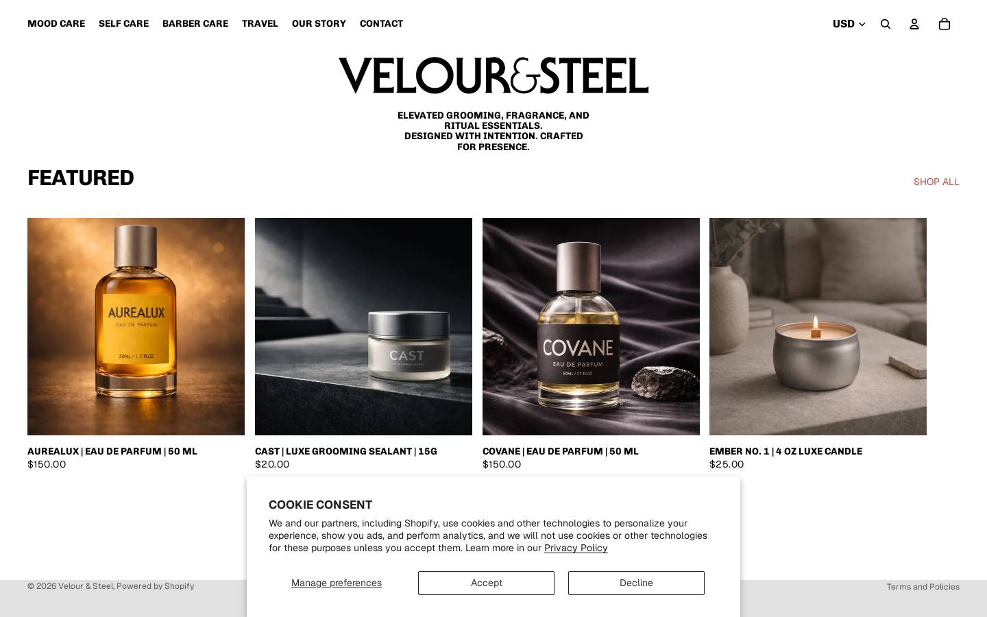 velourandsteel.com homepage screenshot
