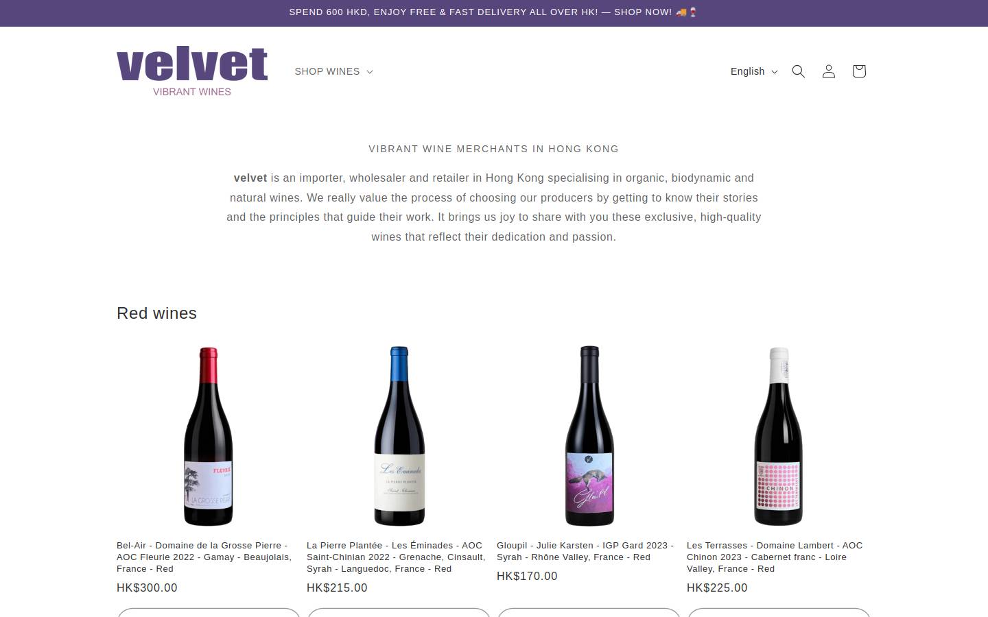 velvet-wines.com homepage screenshot