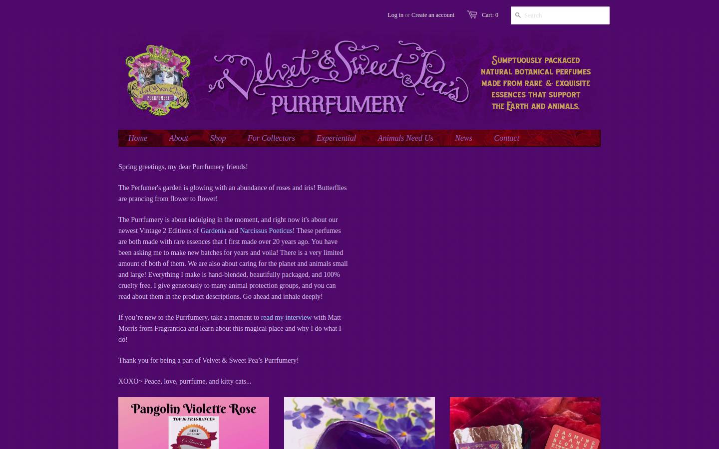 velvetandsweetpeaspurrfumery.com homepage screenshot