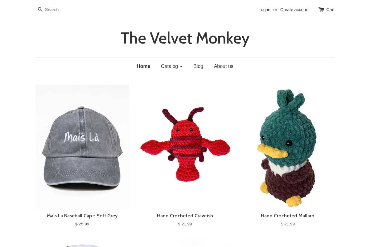 velvetmonkeygifts.com homepage screenshot