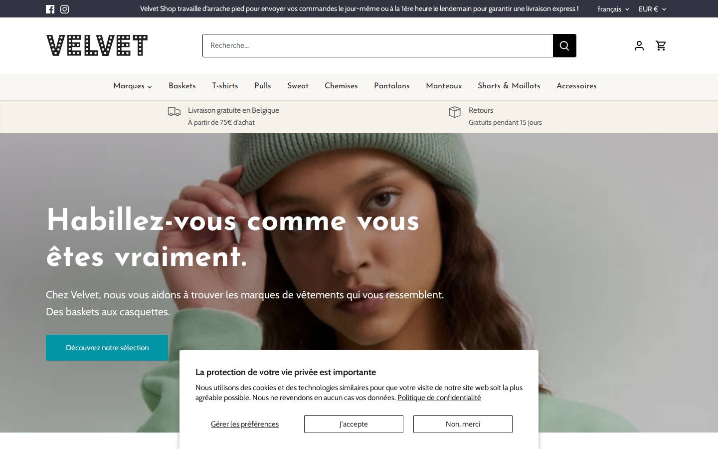 velvetshop.be homepage screenshot