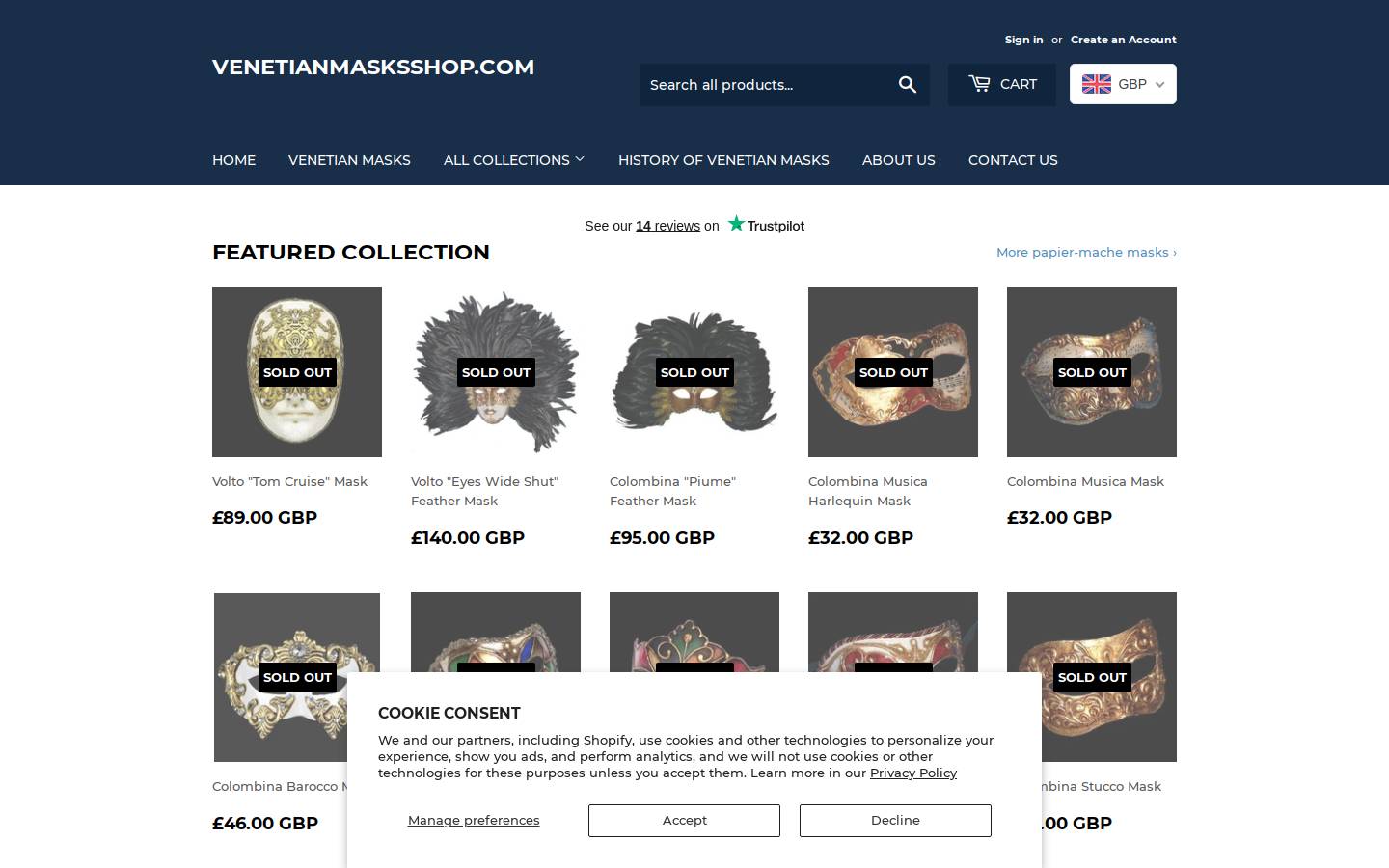 Venetian Masks Shop homepage screenshot