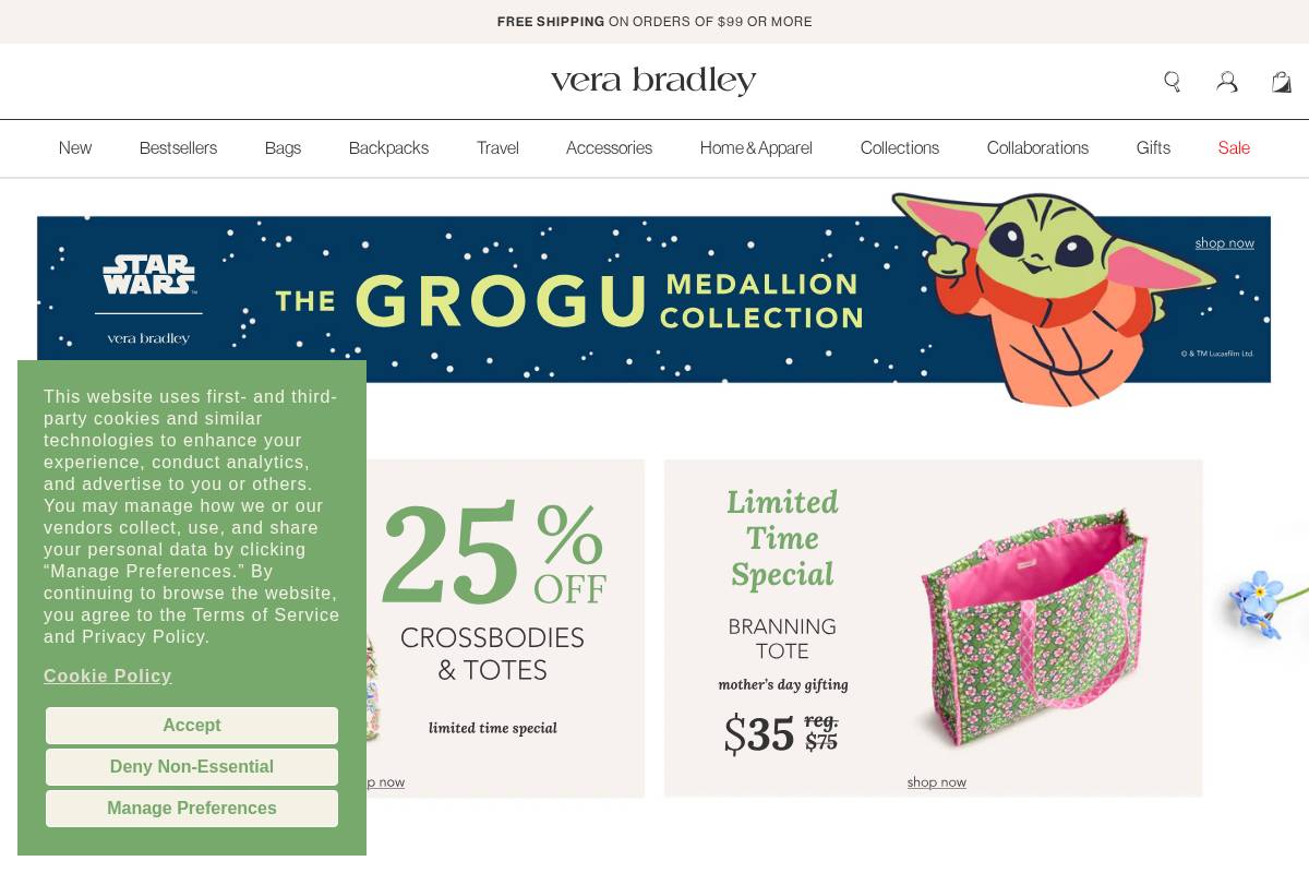 Vera Bradley homepage screenshot