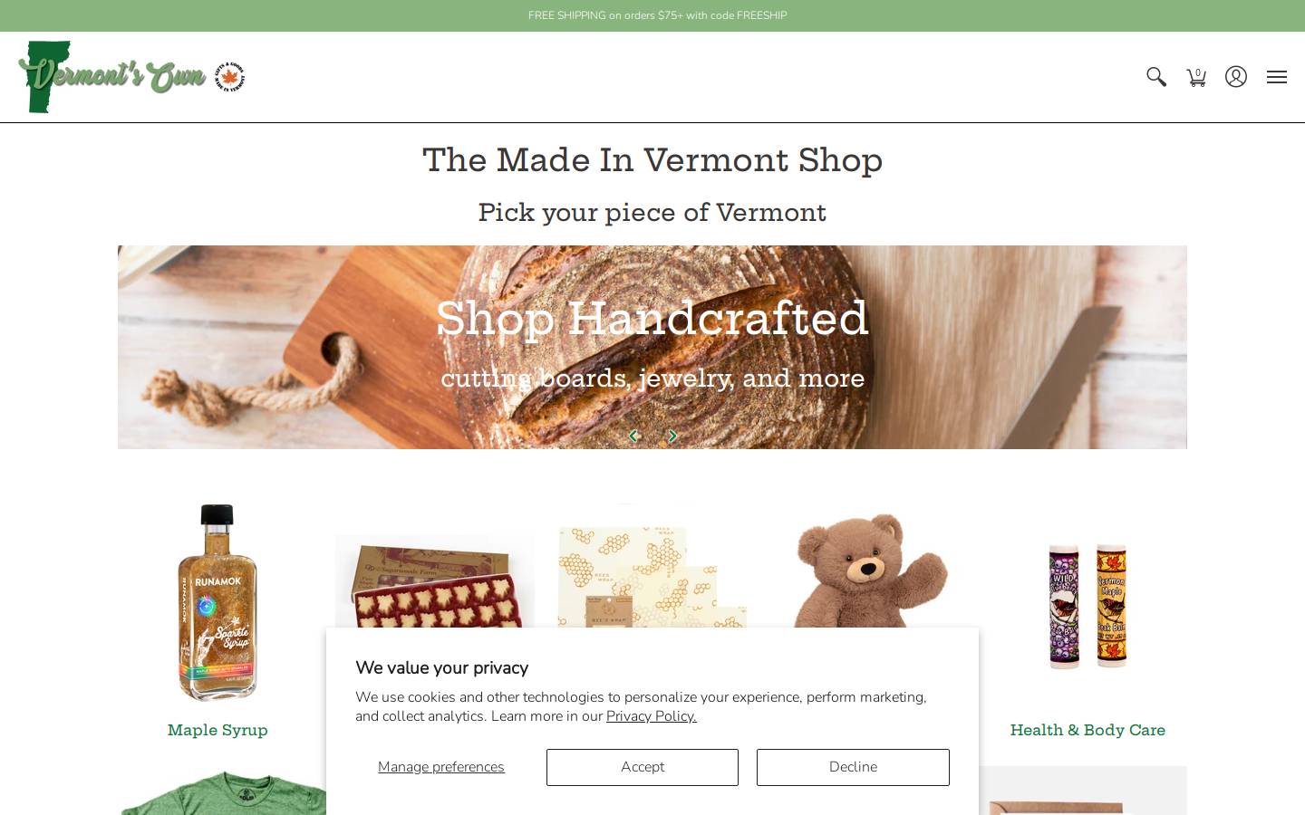 vermontsowngiftsandgoods.com homepage screenshot