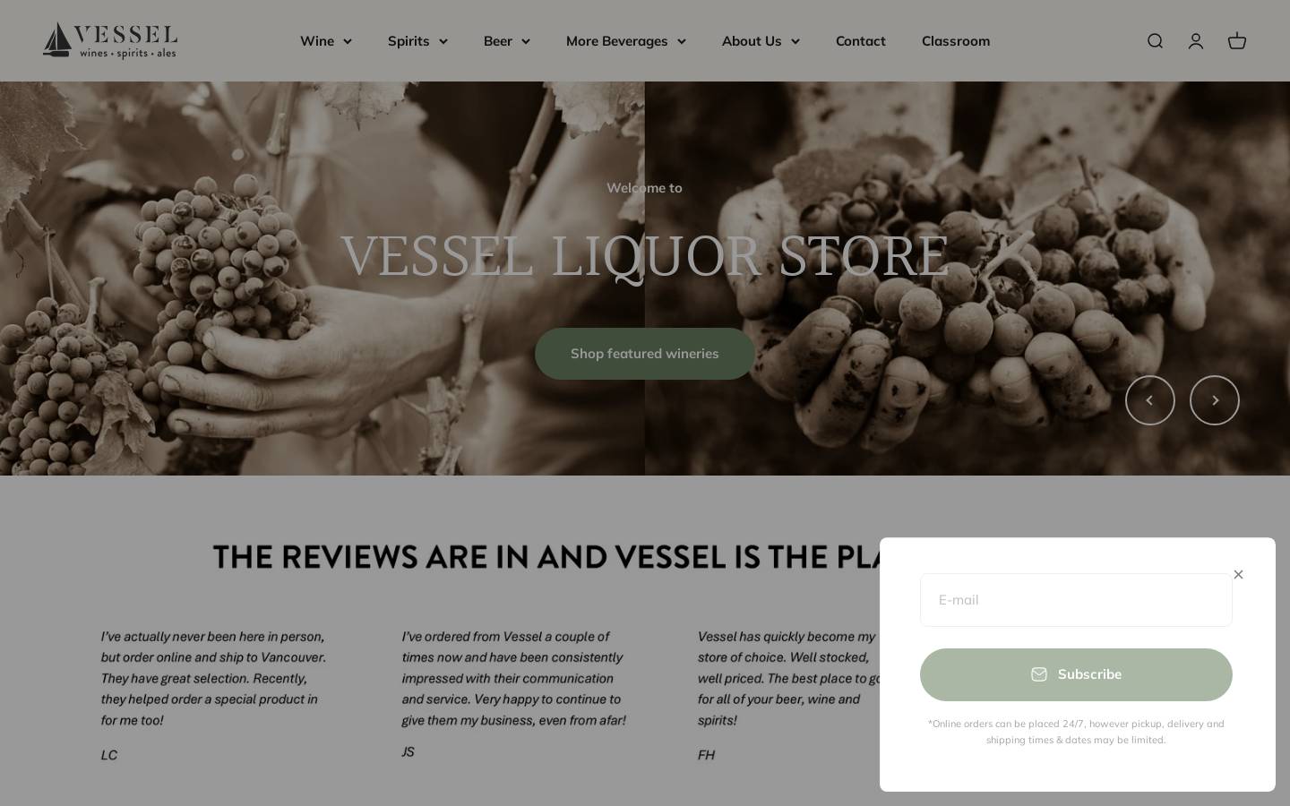 vesselliquor.com homepage screenshot