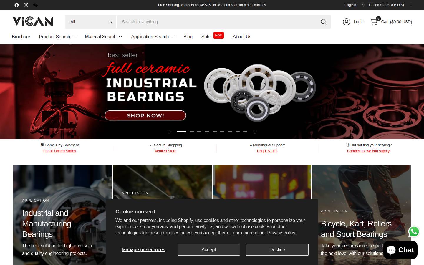 vicanbearings.com homepage screenshot