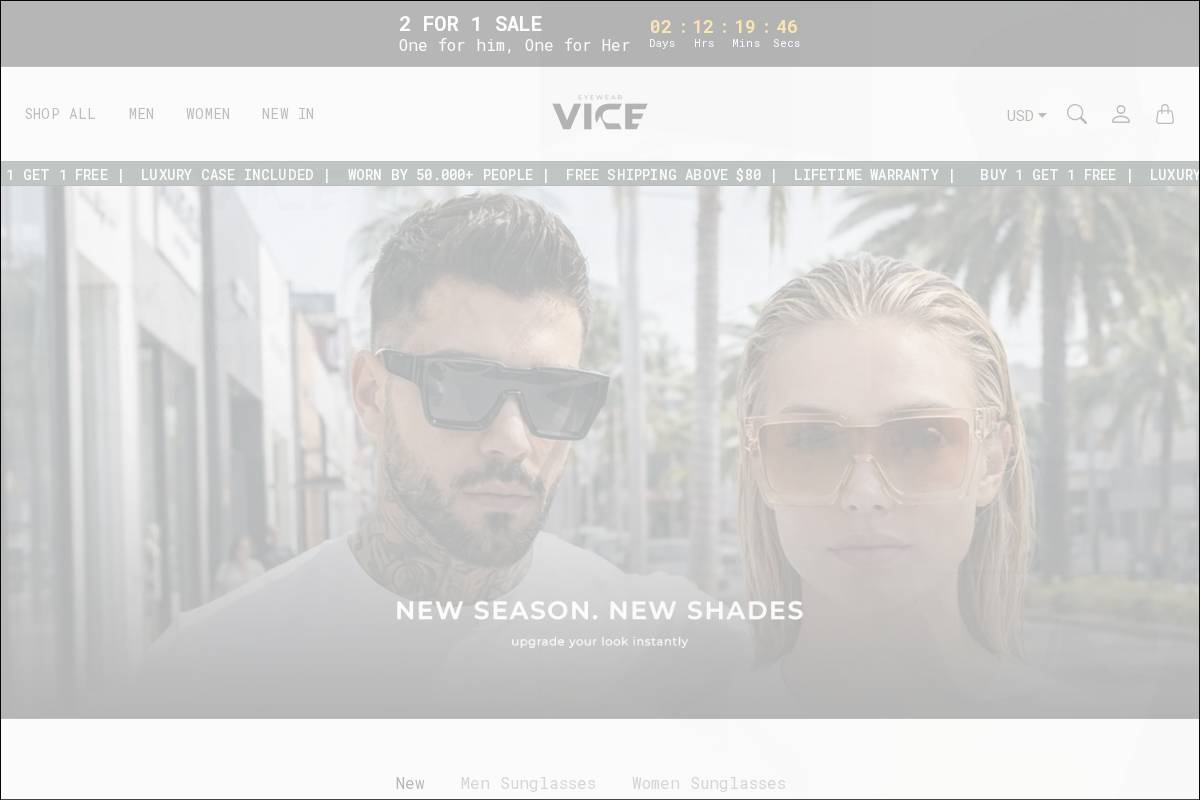 Vice Sunglasses homepage screenshot