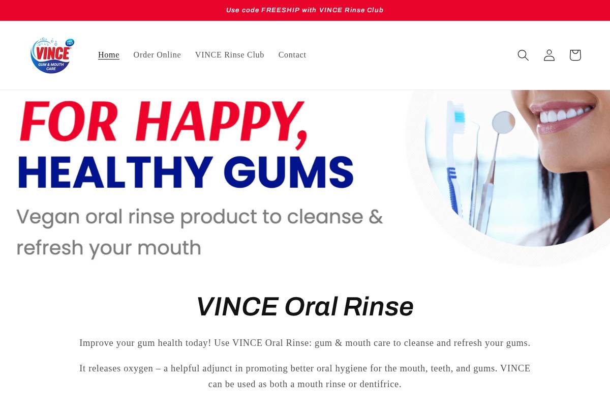 vinceoralrinse.com homepage screenshot