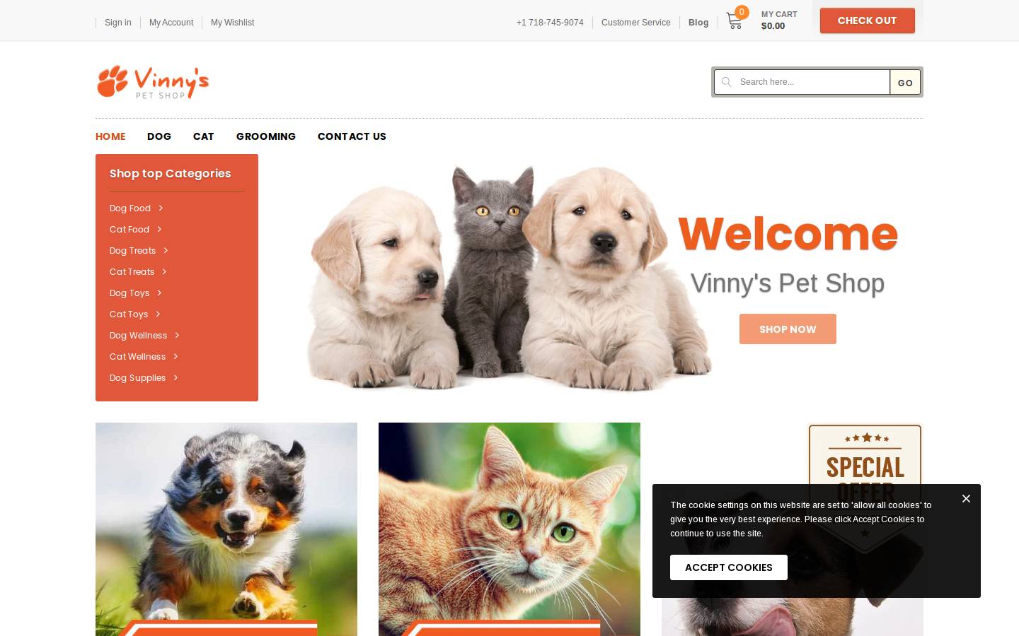 vinnyspetshop.com homepage screenshot
