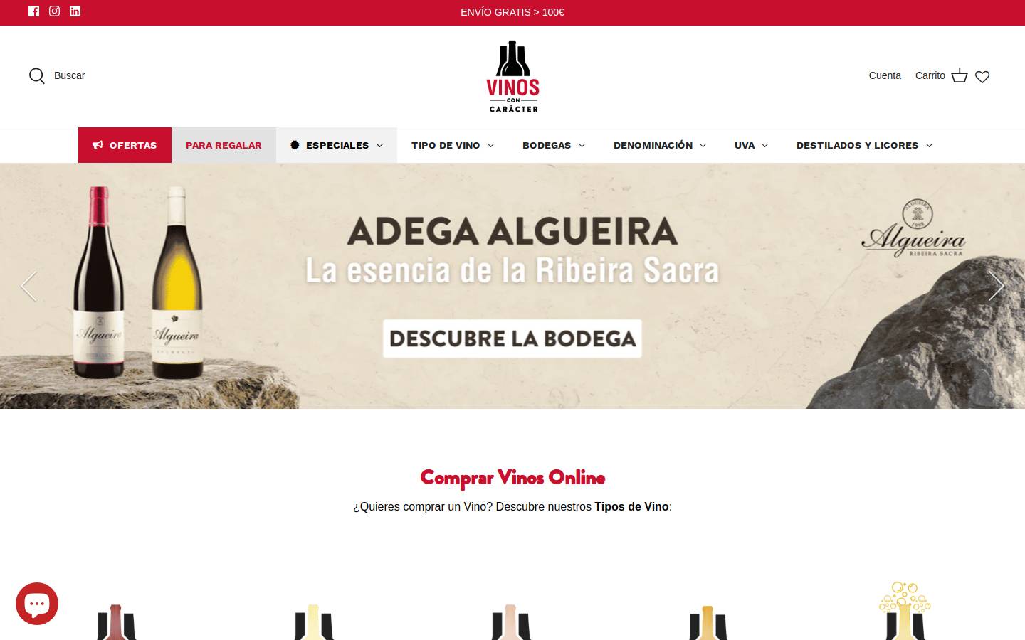 vinosconcaracter.com homepage screenshot