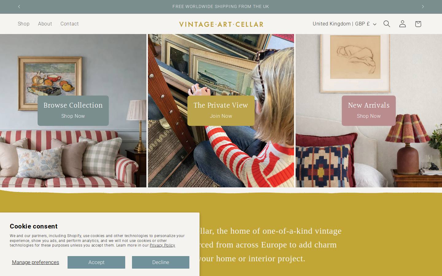 vintageartcellar.com homepage screenshot