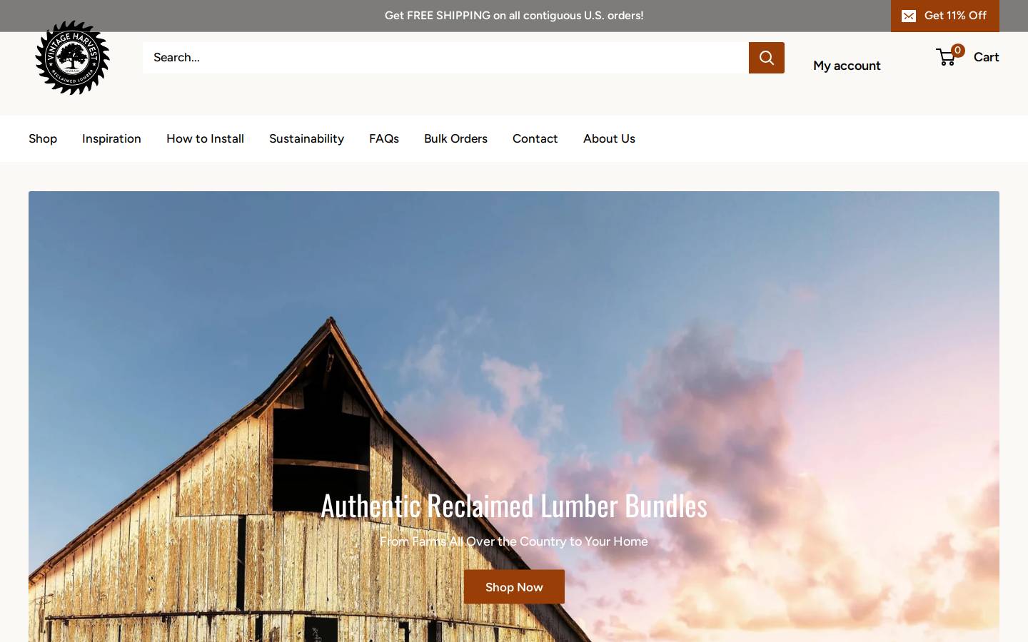 vintageharvestlumber.com homepage screenshot