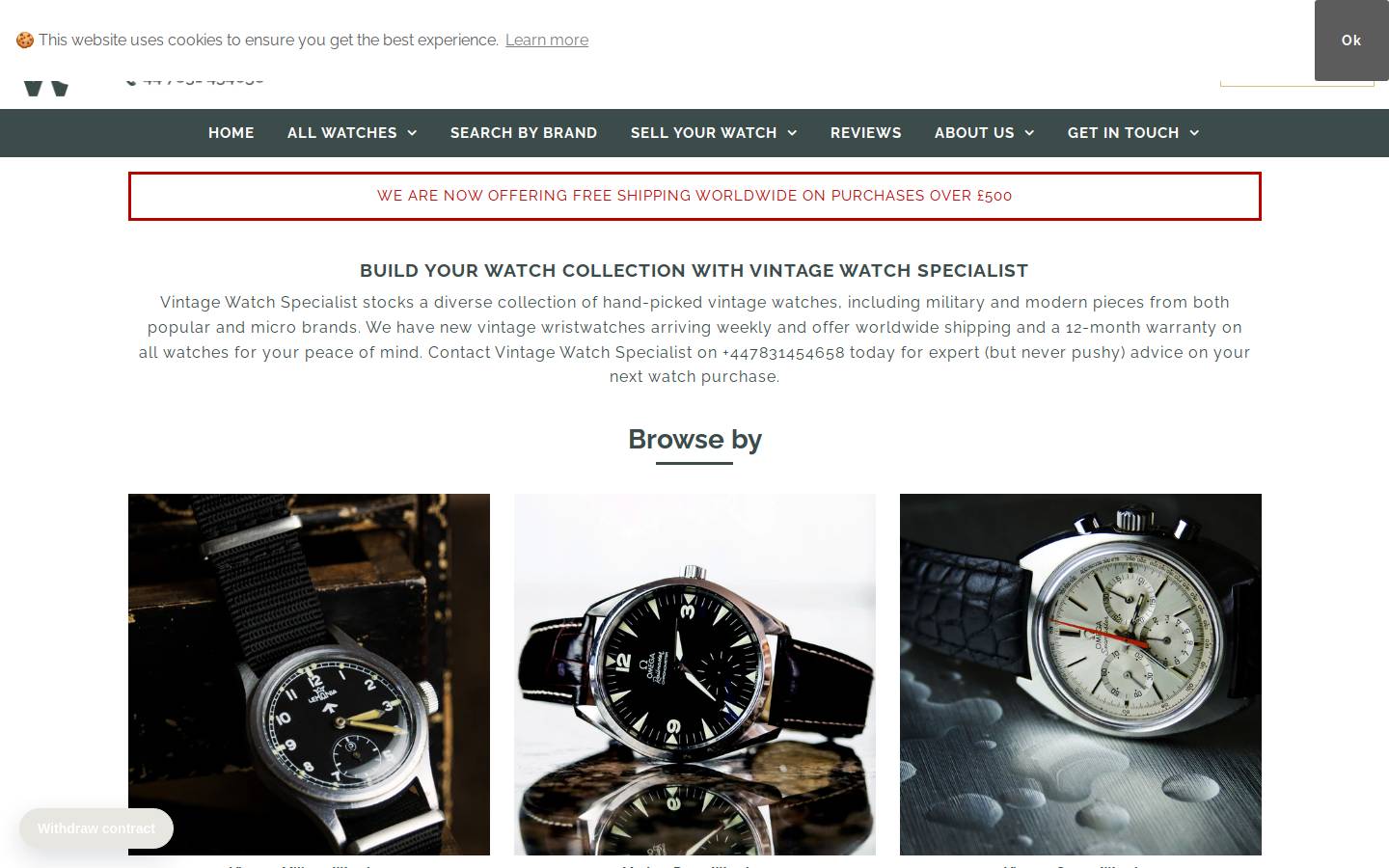 vintagewatchspecialist.com homepage screenshot