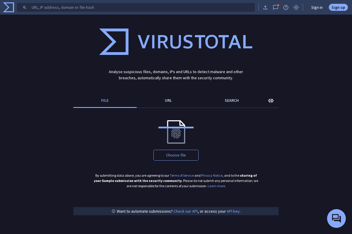 virustotal.com homepage screenshot