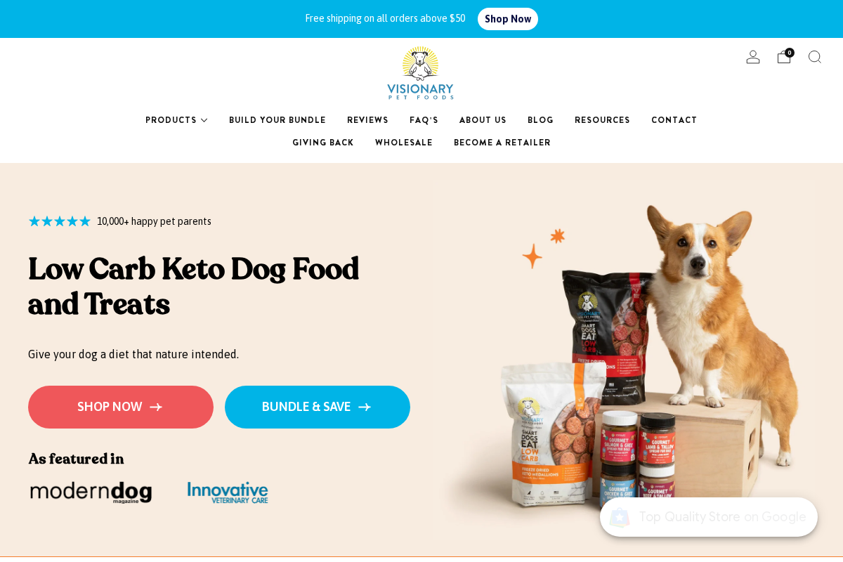 Visionary Pet Foods homepage screenshot