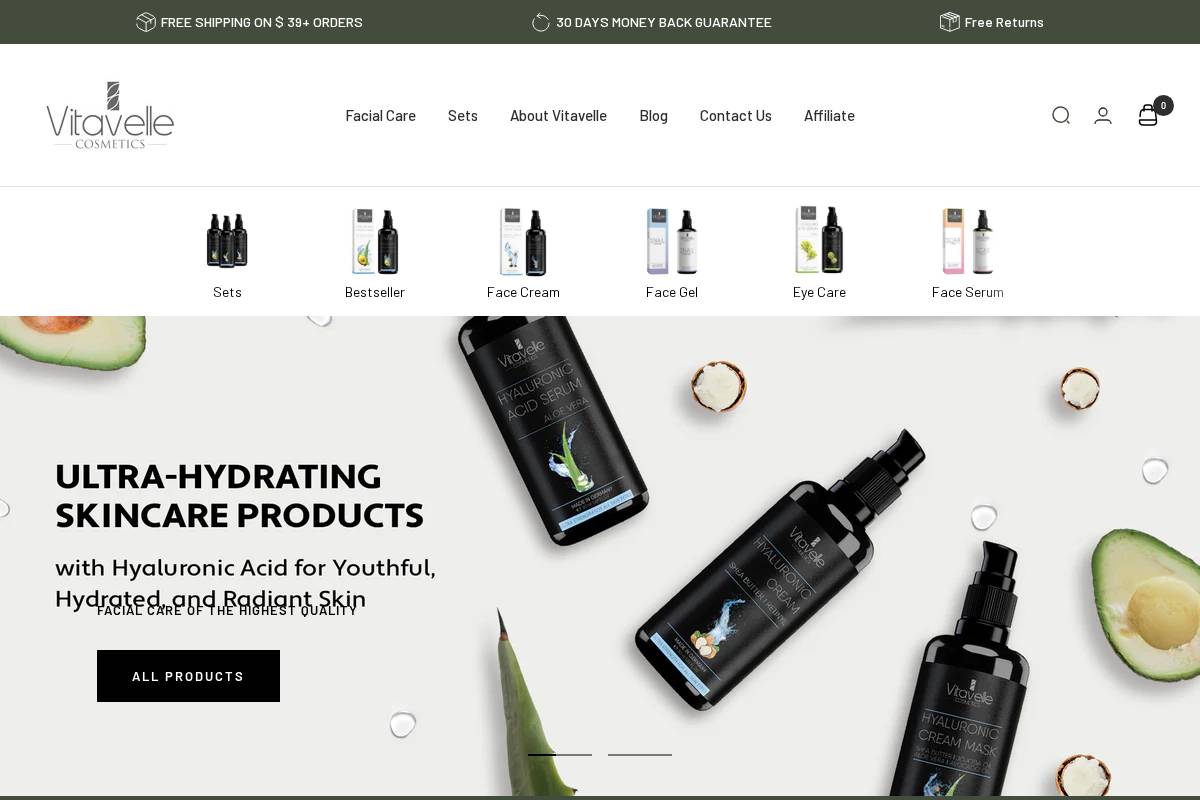 vitavellecosmetics.com homepage screenshot