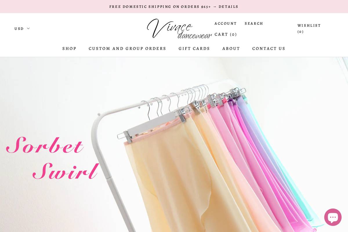 vivacedancewear.com homepage screenshot