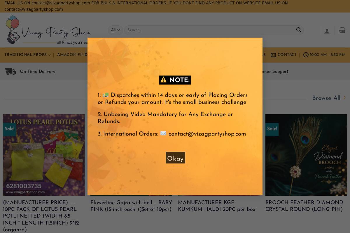 vizagpartyshop.com homepage screenshot