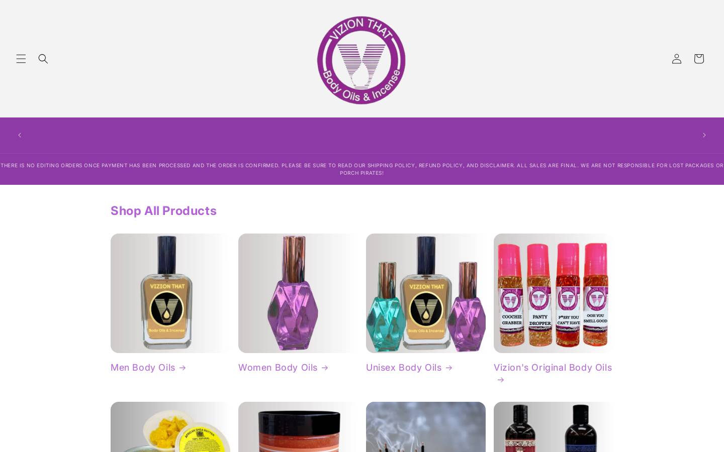 vizionthatbodyoils.com homepage screenshot