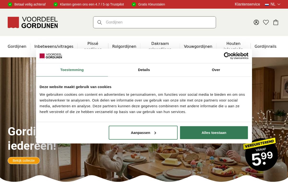 Voordeelgordijnen homepage screenshot